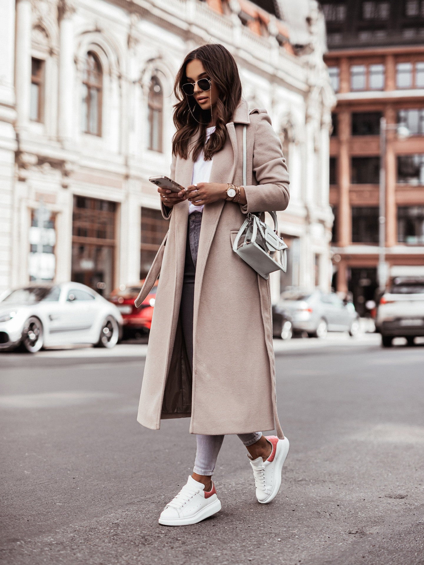 Manteau en laine à manches longues et col en V pour femme